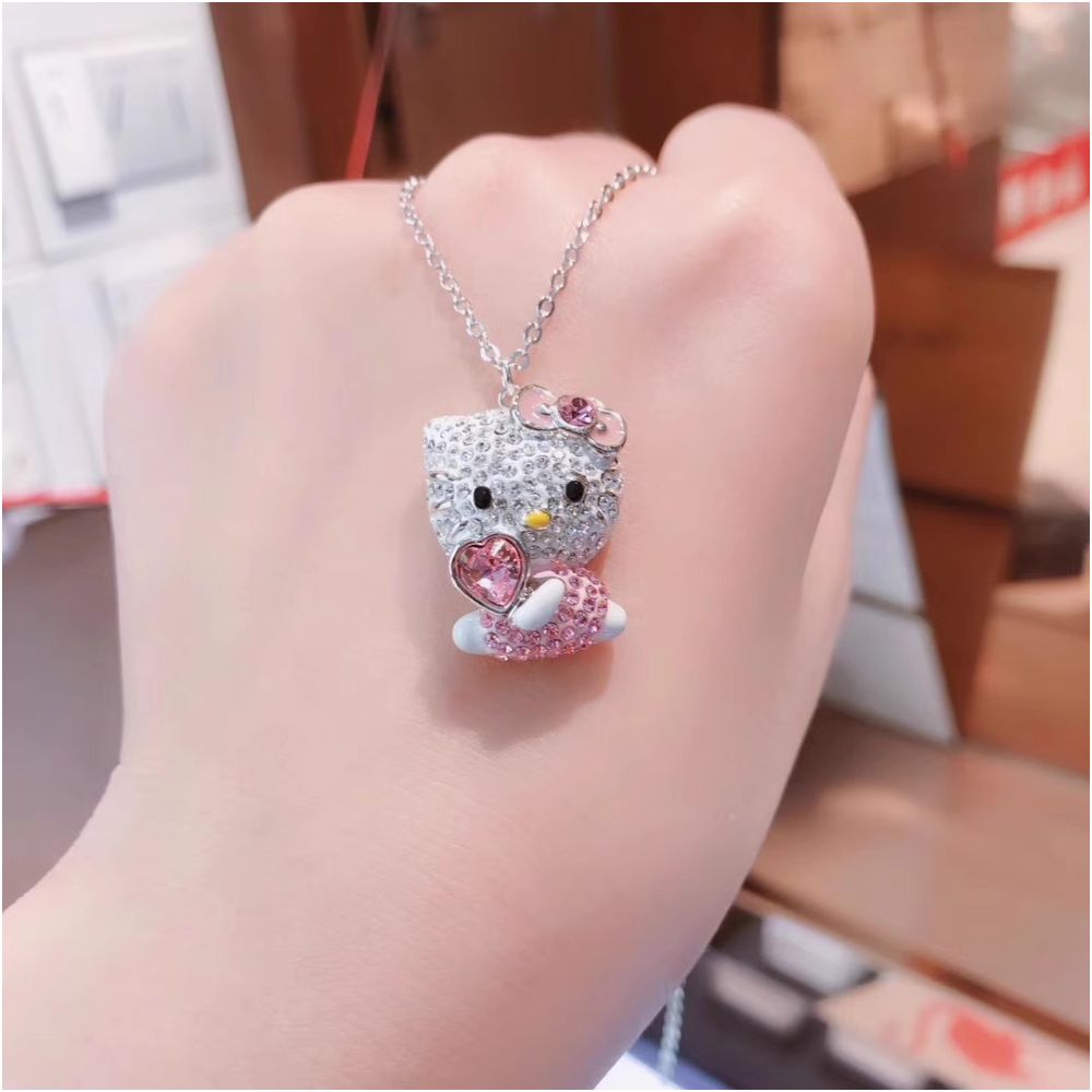 Austrian crystal Hello Kitty pink cute cat head heart necklace light luxury cat pink diamond pendant for women image 0