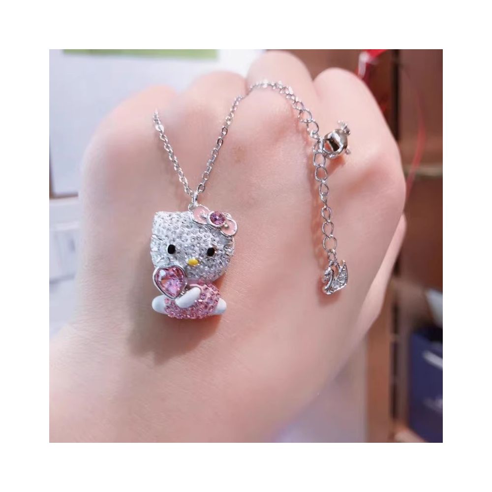 Austrian crystal Hello Kitty pink cute cat head heart necklace light luxury cat pink diamond pendant for women image 3