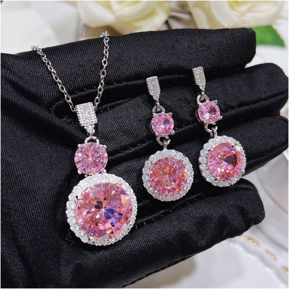 Super sparkly luxurious pink zircon necklace romantic cherry blossom pink diamond set long Argyle pink diamond stud earrings image 0