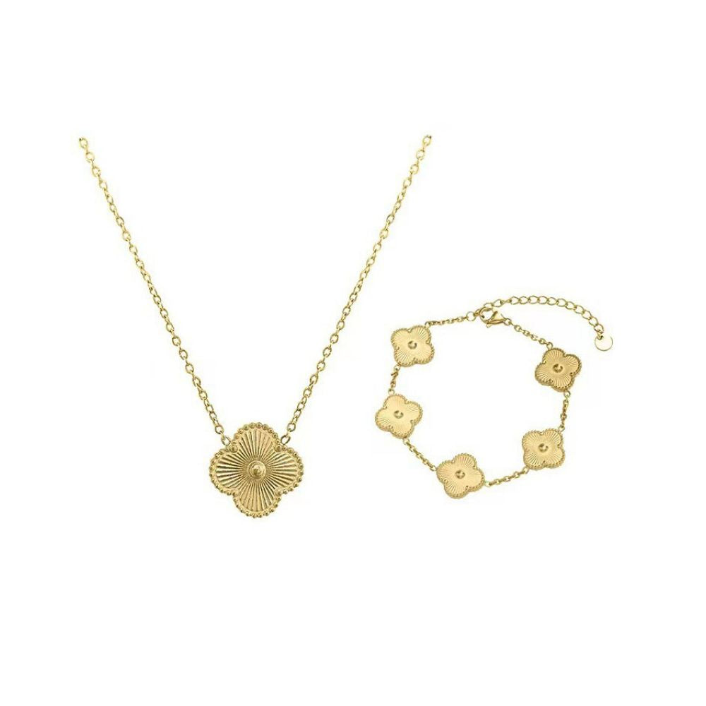 Colorfast and fade resistant lucky four leaf clover necklace bracelet earrings and stud earrings three piece set gold titanium steel necklace Instagram style