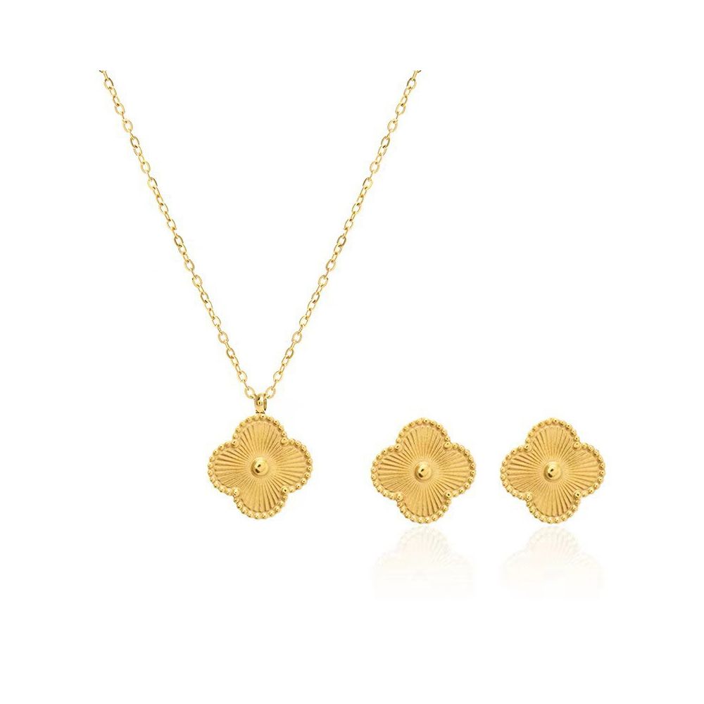 Colorfast and fade resistant lucky four leaf clover necklace bracelet earrings and stud earrings three piece set gold titanium steel necklace Instagram style image 3